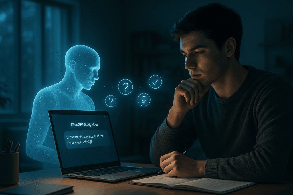 Ilustração explicando o funcionamento do modo de estudo do ChatGPT.