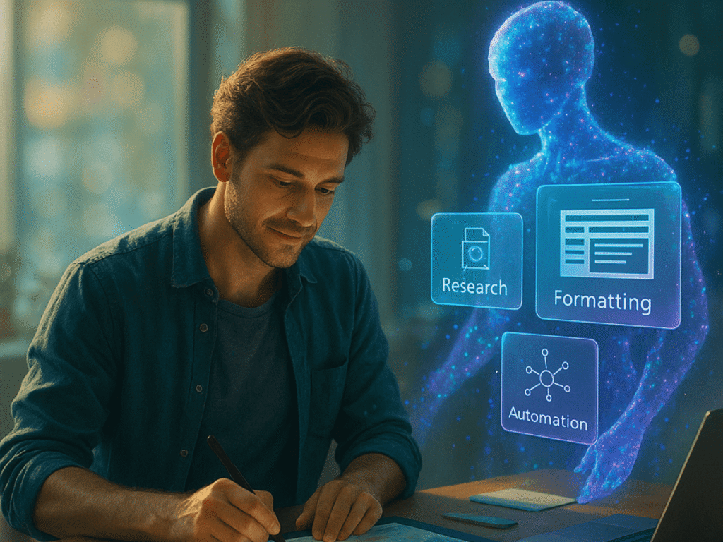 Profissional criativo trabalhando no computador enquanto assistente de inteligência artificial automatiza tarefas repetitivas.