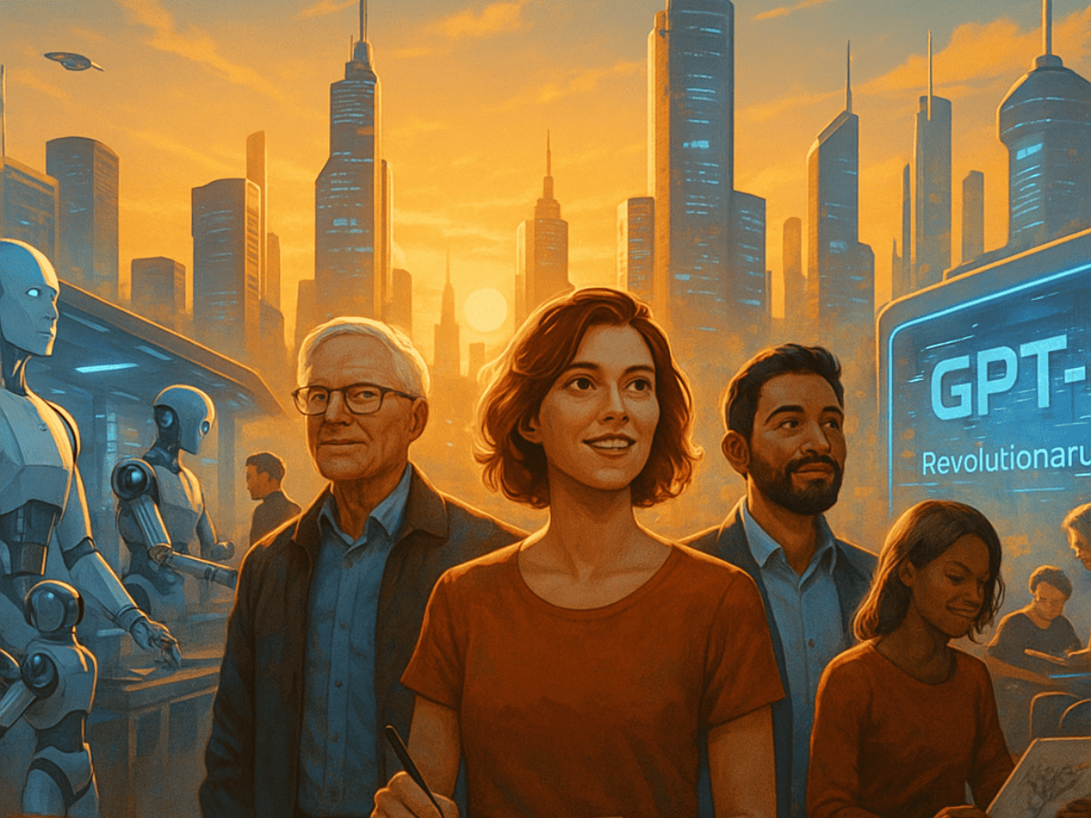 Ilustração de pessoas colaborando com robôs e inteligência artificial, representando a renda básica universal e o futuro do trabalho.