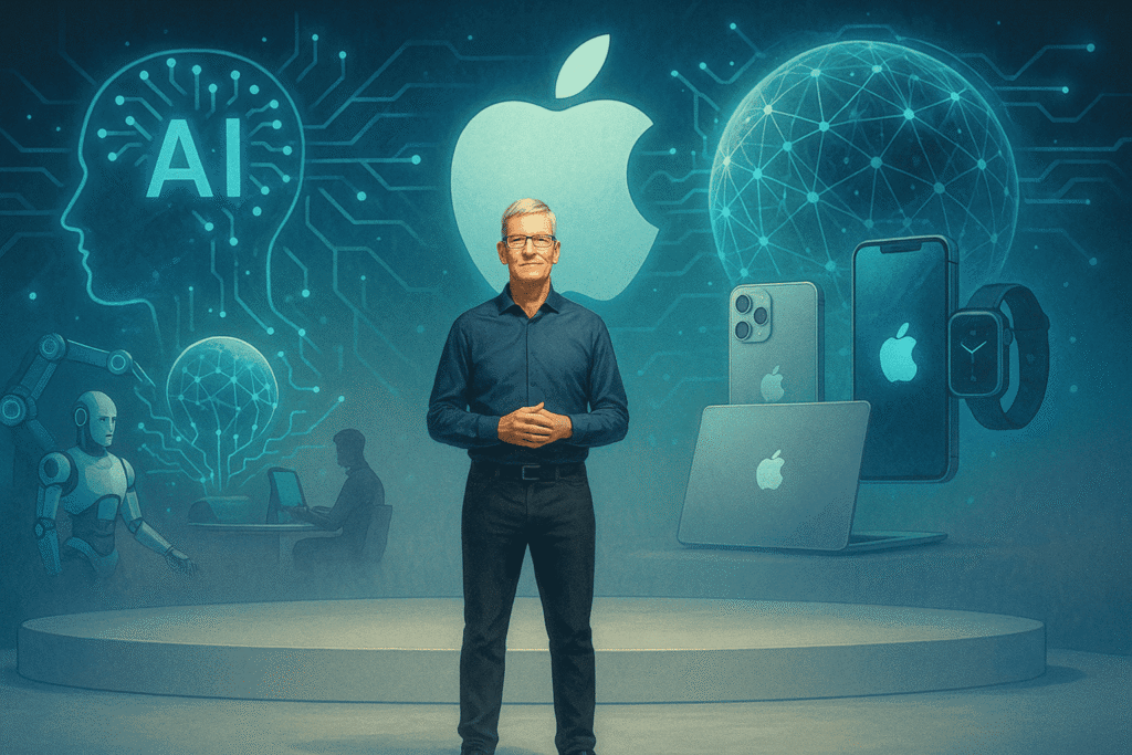 Tim Cook apresentando a nova inteligência artificial da Apple, prometida como revolução maior que a internet, com foco em privacidade e integração nos dispositivos.