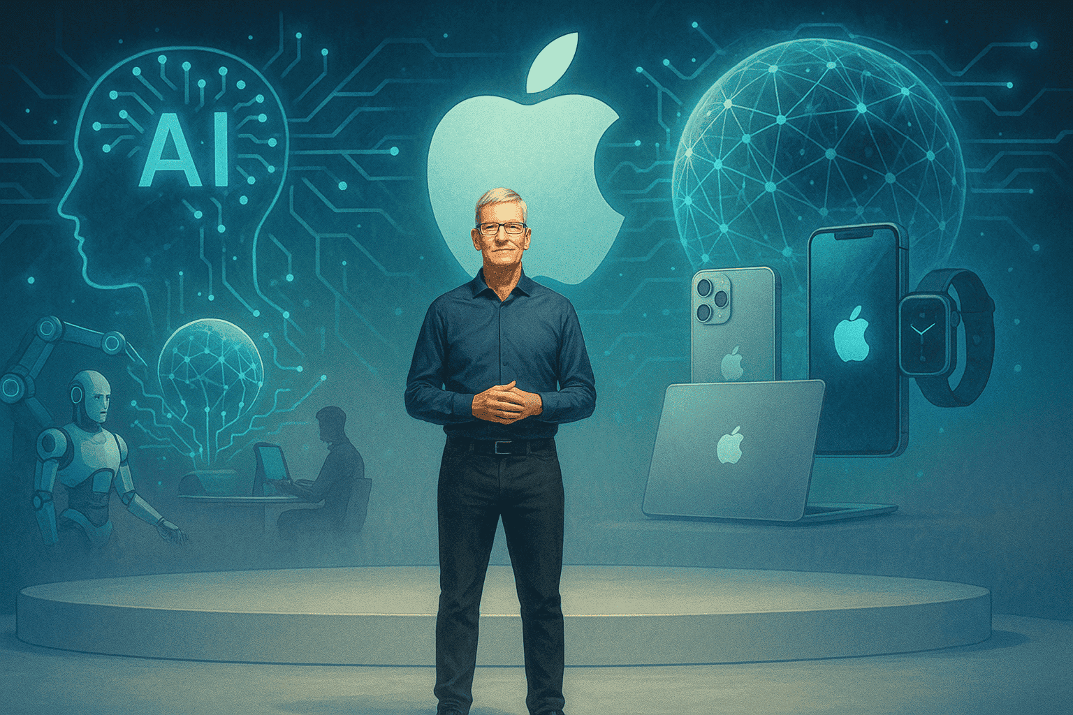 Tim Cook apresentando a nova inteligência artificial da Apple, prometida como revolução maior que a internet, com foco em privacidade e integração nos dispositivos.