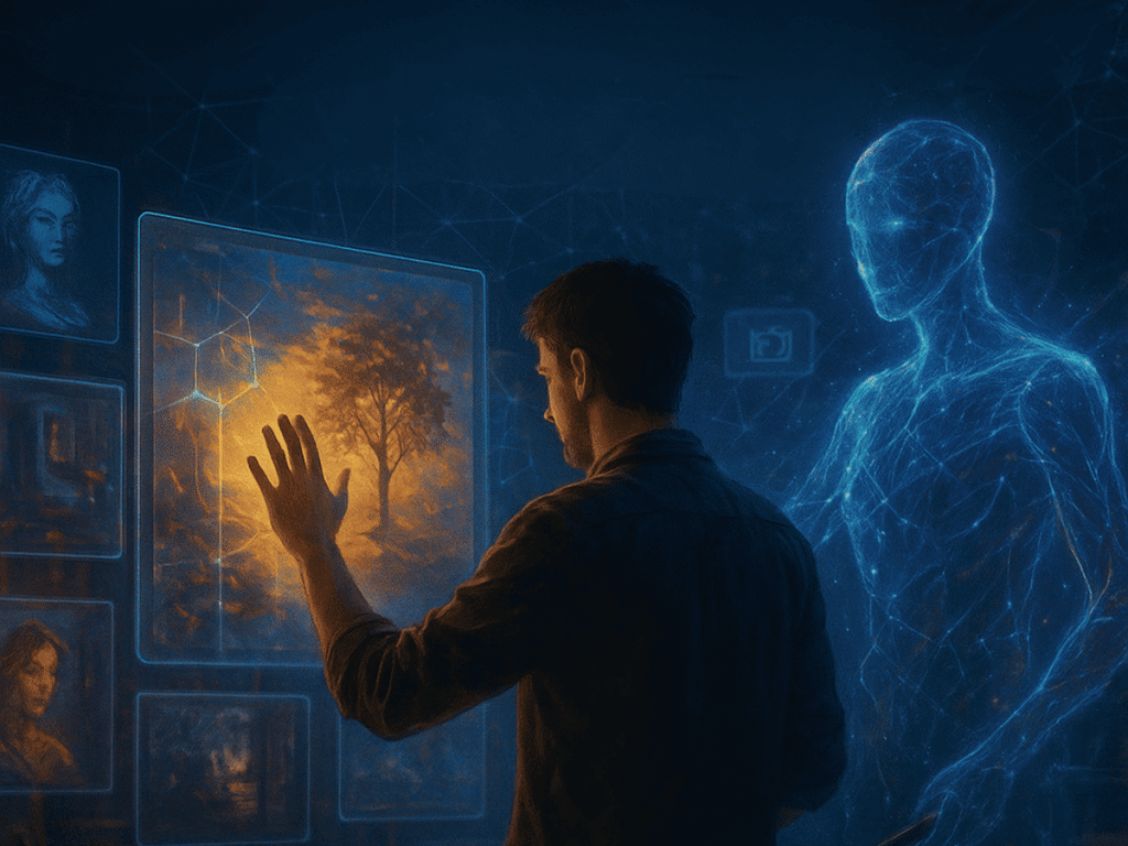 lustração de artista usando inteligência artificial como ferramenta criativa, simbolizando parceria entre humano e máquina na produção artística.