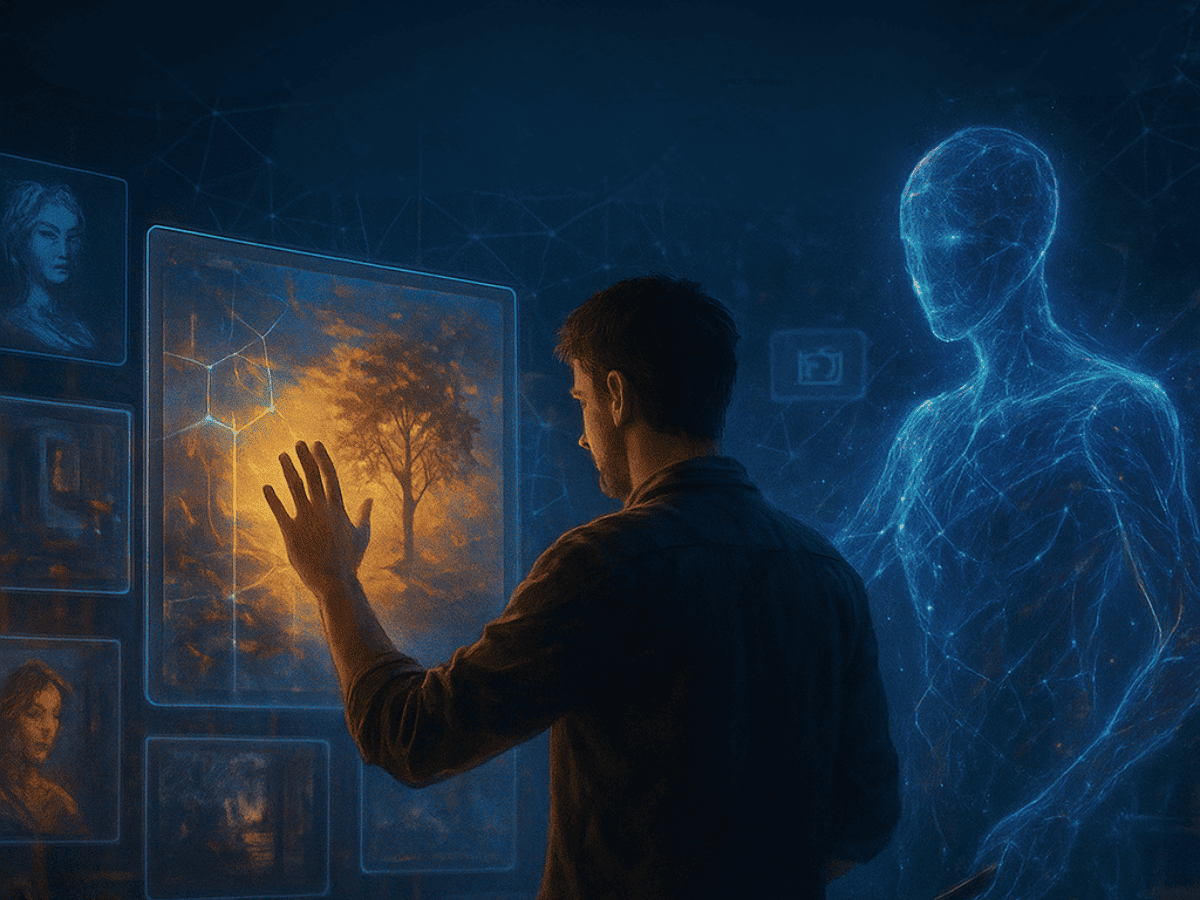lustração de artista usando inteligência artificial como ferramenta criativa, simbolizando parceria entre humano e máquina na produção artística.