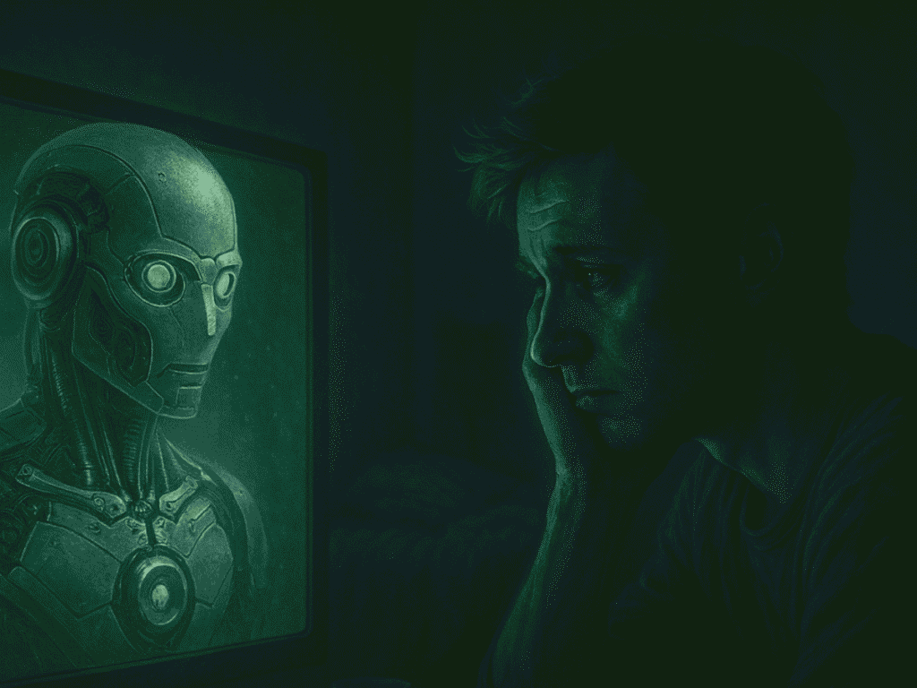 Usuário solitário interagindo com um chatbot de inteligência artificial em ambiente escuro, simbolizando dependência emocional da tecnologia.