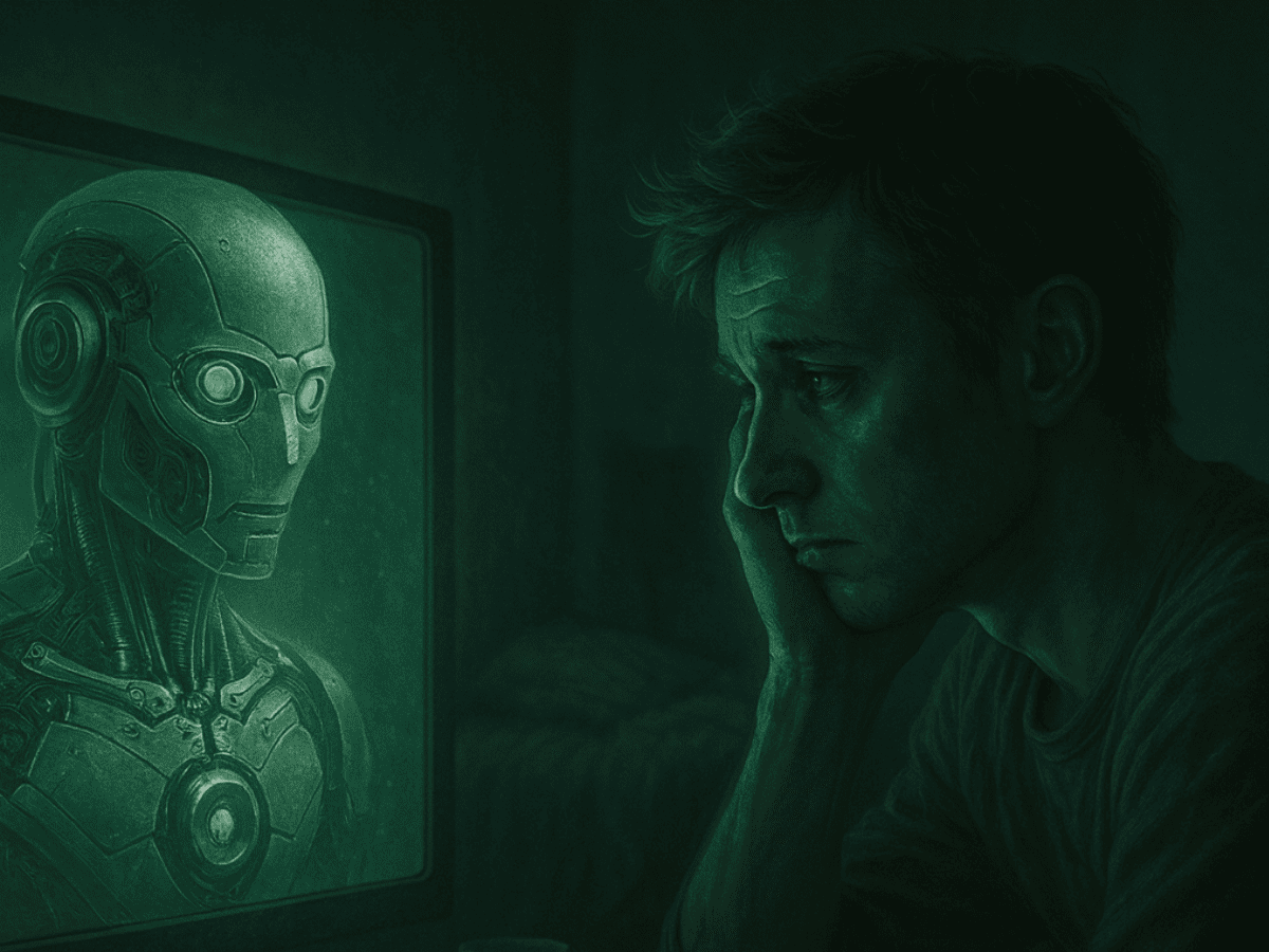 Usuário solitário interagindo com um chatbot de inteligência artificial em ambiente escuro, simbolizando dependência emocional da tecnologia.