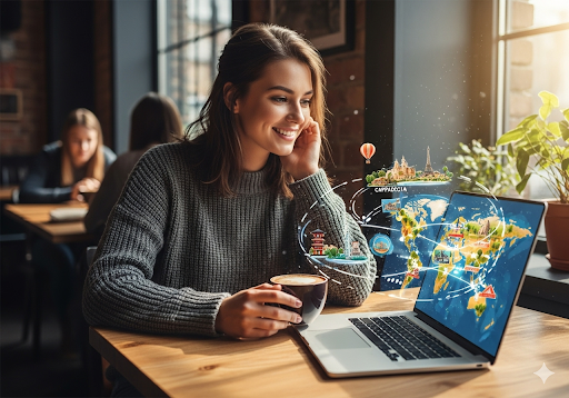 Um mapa-múndi digital e interativo, com rotas de voos brilhantes conectando cidades e destacando ofertas de viagem.