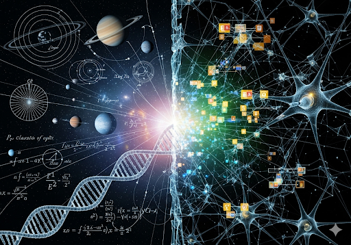 Uma representação visual das leis da física, como gravidade e eletromagnetismo, sendo transformadas em estruturas de dados digitais.